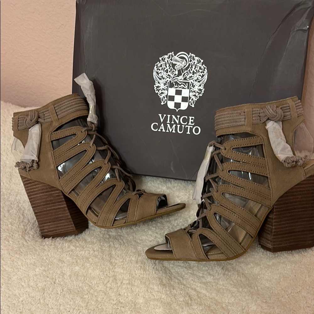 Vince Camuto Tan Heeled Sandals with Cage Design